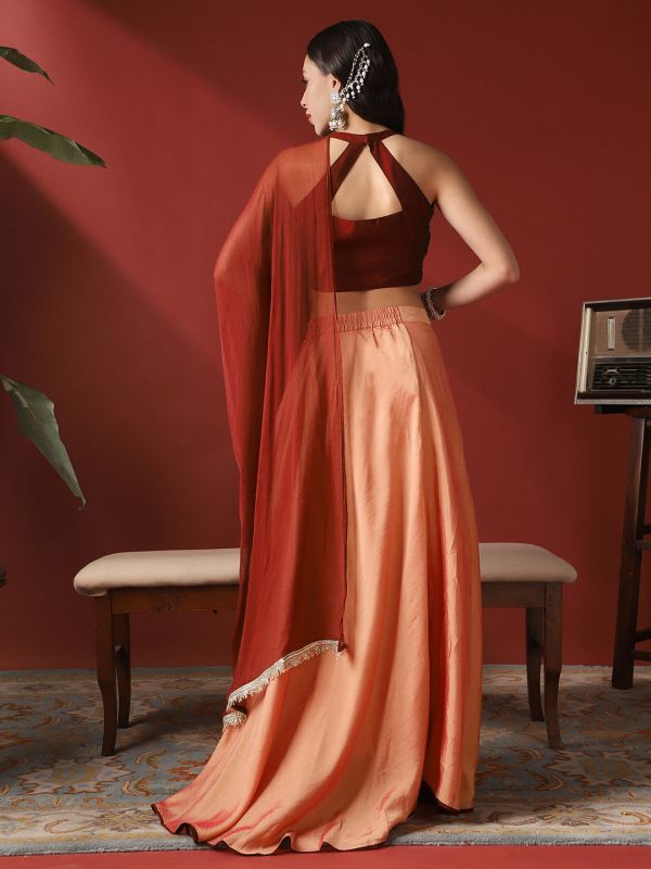 Globus Women Maroon V-Neck Stylised Back Embroidered Blouse & Lehenga With Taping Dupatta Ready To Wear Festive Set