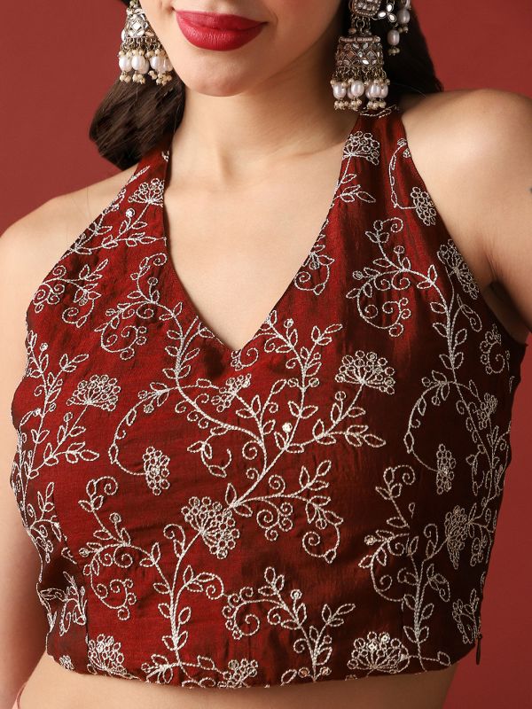 Globus Women Maroon V-Neck Stylised Back Embroidered Blouse & Lehenga With Taping Dupatta Ready To Wear Festive Set