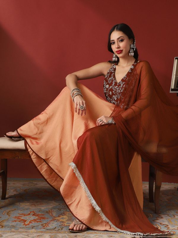 Globus Women Maroon V-Neck Stylised Back Embroidered Blouse & Lehenga With Taping Dupatta Ready To Wear Festive Set