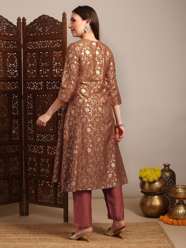 Globus Women Rust V-Neck Gold Foil Floral Print Angrakha A-Line Kurta With Pants Festive Set