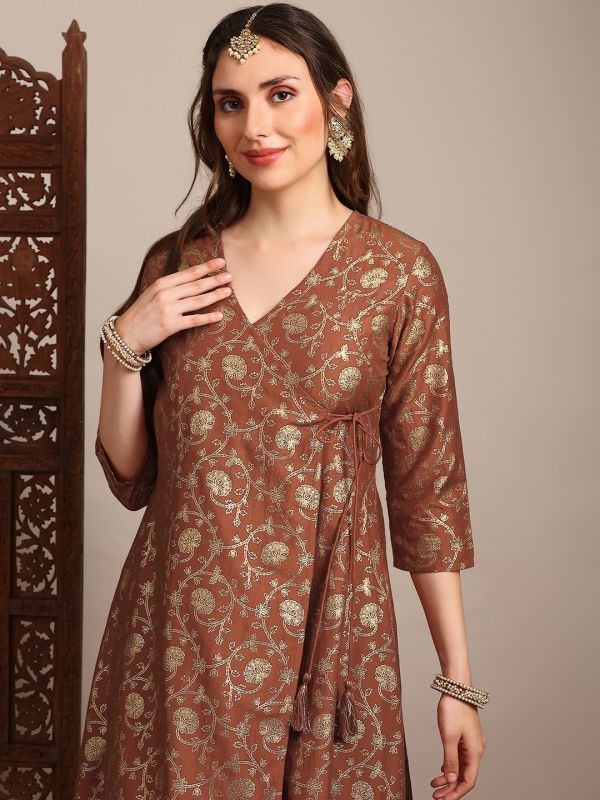 Globus Women Rust V-Neck Gold Foil Floral Print Angrakha A-Line Kurta With Pants Festive Set