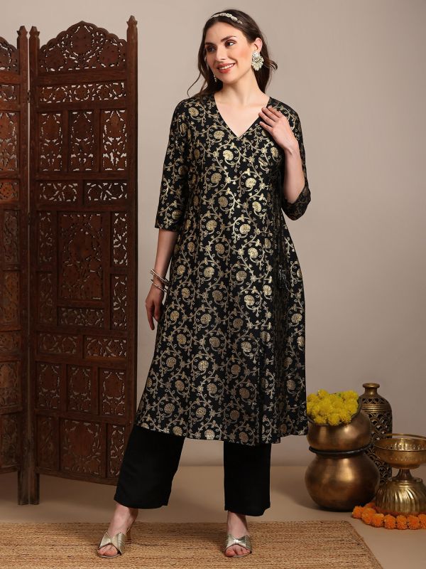 Globus Women Black V-Neck Gold Foil Floral Print Angrakha A-Line Kurta With Pants Festive Set