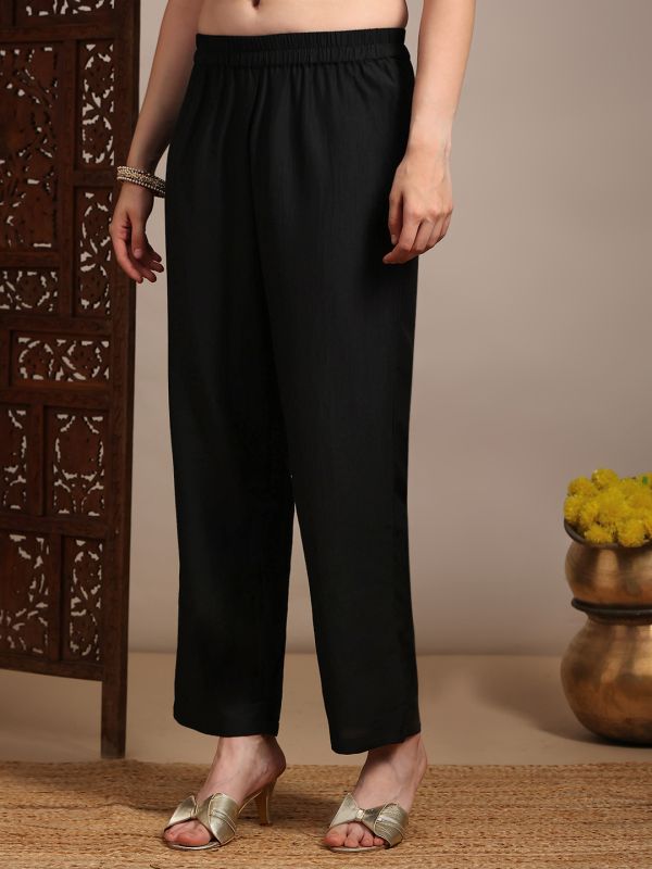 Globus Women Black V-Neck Gold Foil Floral Print Angrakha A-Line Kurta With Pants Festive Set