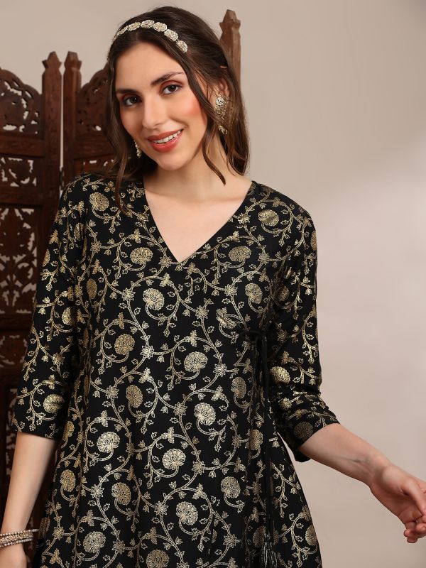 Globus Women Black V-Neck Gold Foil Floral Print Angrakha A-Line Kurta With Pants Festive Set