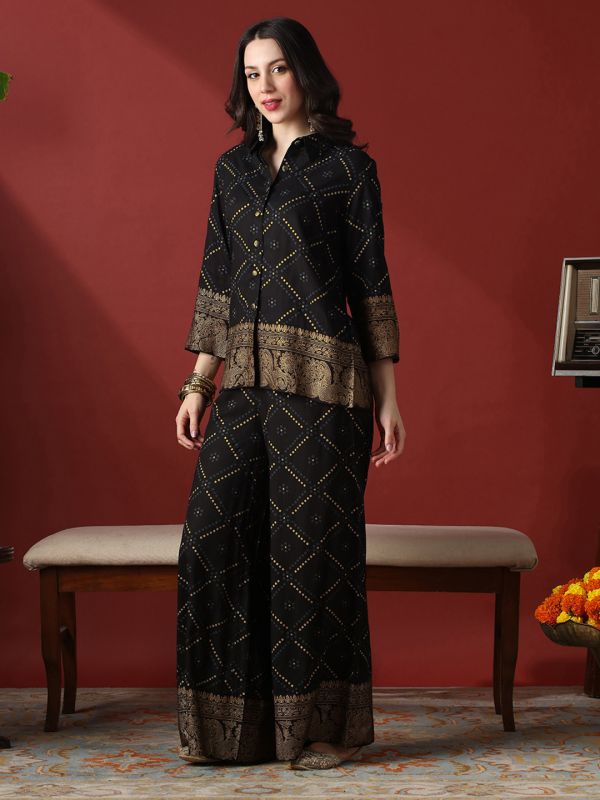 Globus Women Black Collared Neck Gold Foil Bandhani Print Shirt With Palazzos Fusion Co-Ord Set