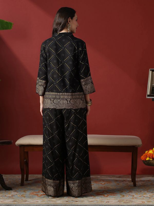 Globus Women Black Collared Neck Gold Foil Bandhani Print Shirt With Palazzos Fusion Co-Ord Set