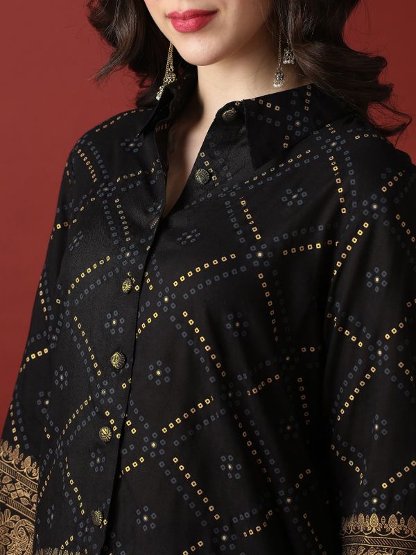 Globus Women Black Collared Neck Gold Foil Bandhani Print Shirt With Palazzos Fusion Co-Ord Set