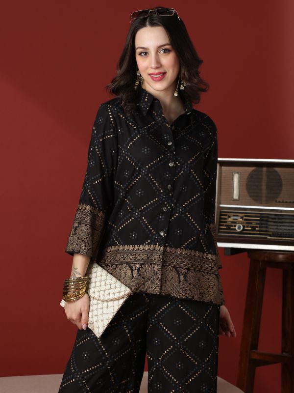 Globus Women Black Collared Neck Gold Foil Bandhani Print Shirt With Palazzos Fusion Co-Ord Set