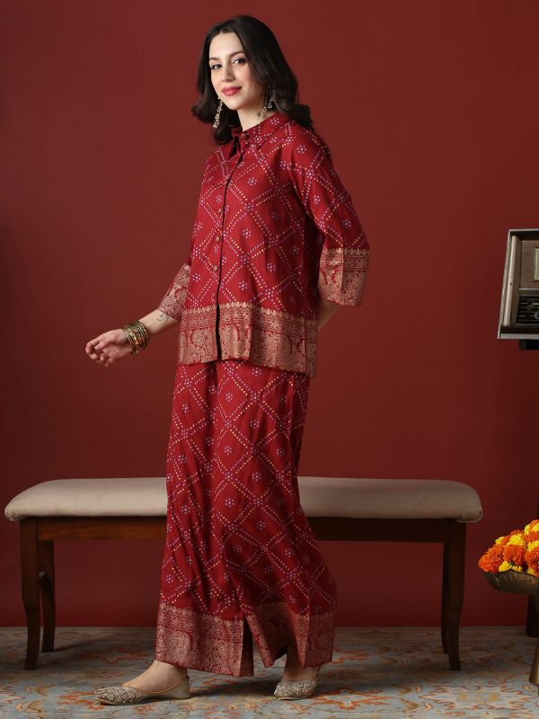 Globus Women Maroon Collared Neck Gold Foil Bandhani Print Shirt With Palazzos Fusion Co-Ord Set