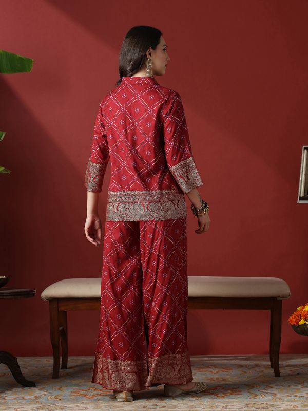Globus Women Maroon Collared Neck Gold Foil Bandhani Print Shirt With Palazzos Fusion Co-Ord Set