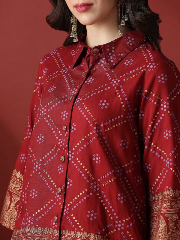 Globus Women Maroon Collared Neck Gold Foil Bandhani Print Shirt With Palazzos Fusion Co-Ord Set
