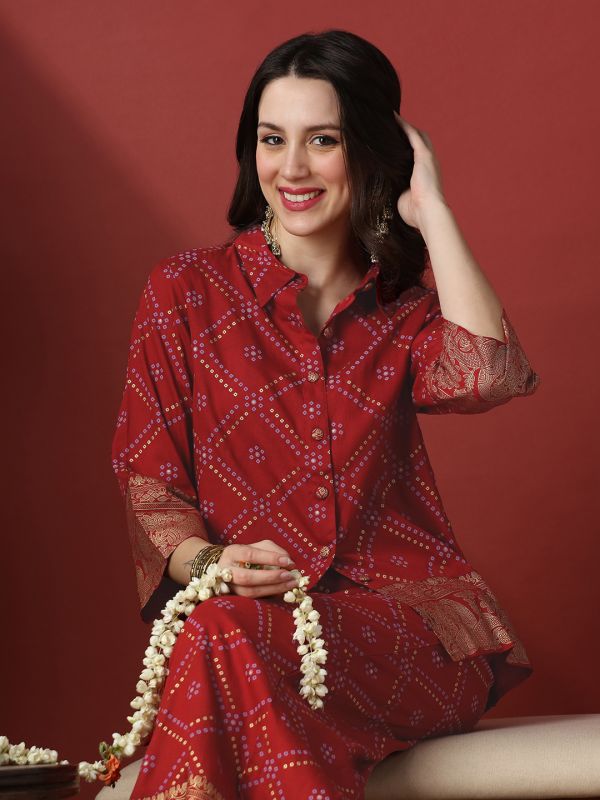 Globus Women Maroon Collared Neck Gold Foil Bandhani Print Shirt With Palazzos Fusion Co-Ord Set