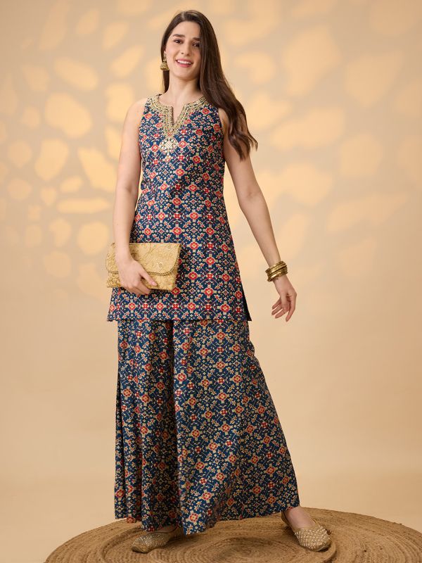 Globus Women Navy Blue Embroidered & Mirror Work Yoke Ethnic Print Kurti With Palazzos Festive Co-Ord Set