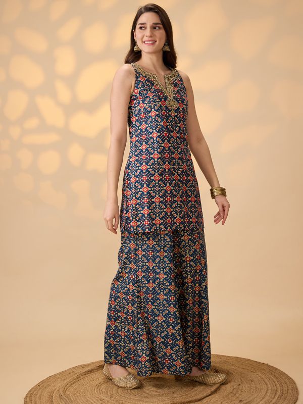 Globus Women Navy Blue Embroidered & Mirror Work Yoke Ethnic Print Kurti With Palazzos Festive Co-Ord Set