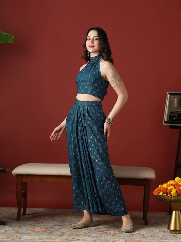 Globus Women Navy Blue Floral Print Smock Detail Halter Neck Crop Top With Pleated Maxi Skirt Fusion Co-Ord Set