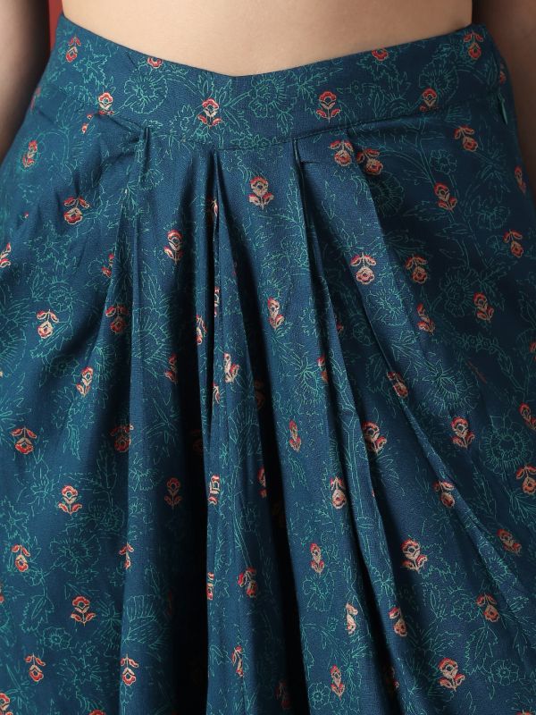 Globus Women Navy Blue Floral Print Smock Detail Halter Neck Crop Top With Pleated Maxi Skirt Fusion Co-Ord Set