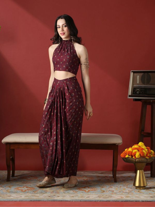 Globus Women Maroon Floral Print Smock Detail Halter Neck Crop Top With Pleated Maxi Skirt Fusion Co-Ord Set