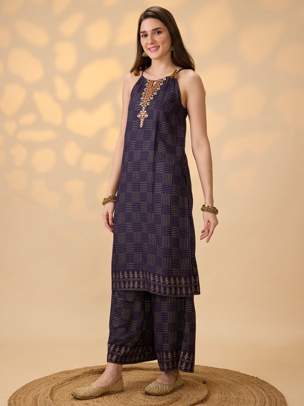 Globus Women Navy Blue Embroidered Yoke Halter Neck Tie-Up Shoulder Straps Gold Foil Printed A-Line Kurta With Pants Festive Set