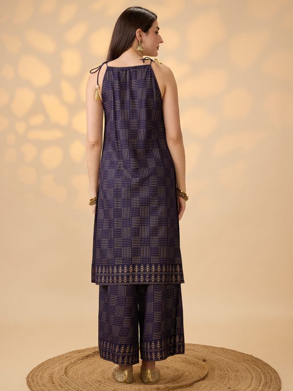 Globus Women Navy Blue Embroidered Yoke Halter Neck Tie-Up Shoulder Straps Gold Foil Printed A-Line Kurta With Pants Festive Set