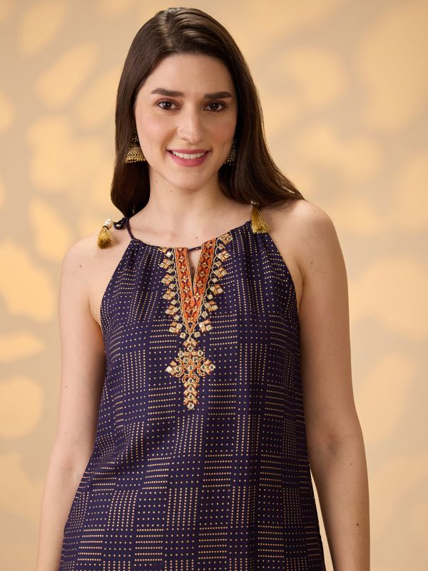 Globus Women Navy Blue Embroidered Yoke Halter Neck Tie-Up Shoulder Straps Gold Foil Printed A-Line Kurta With Pants Festive Set
