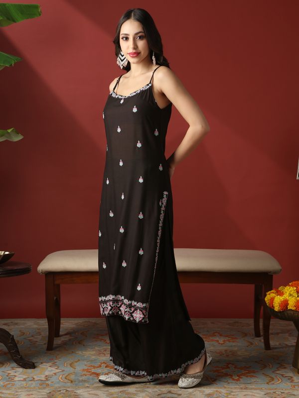 Globus Women Black Round Neck Strappy Shoulder Floral Embroidered Straight Kurta With Wide Leg Pants Festive Set