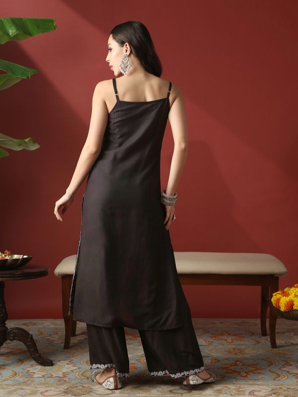 Globus Women Black Round Neck Strappy Shoulder Floral Embroidered Straight Kurta With Wide Leg Pants Festive Set