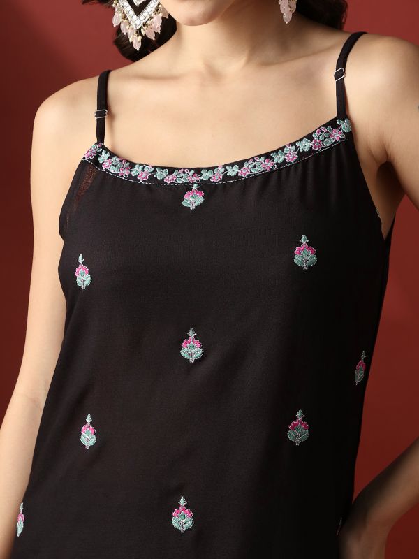 Globus Women Black Round Neck Strappy Shoulder Floral Embroidered Straight Kurta With Wide Leg Pants Festive Set