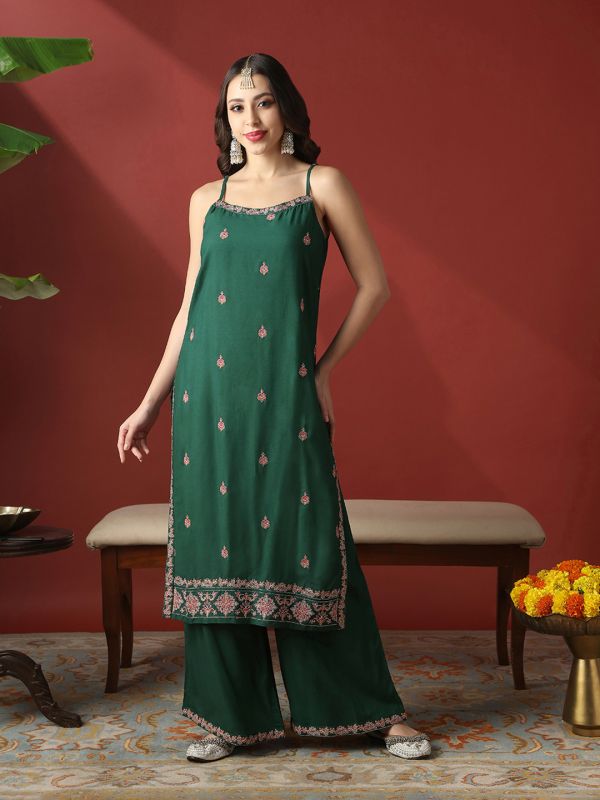 Globus Women Green Round Neck Strappy Shoulder Floral Embroidered Straight Kurta With Wide Leg Pants Festive Set