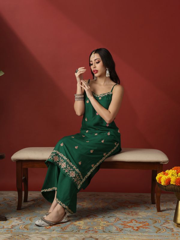 Globus Women Green Round Neck Strappy Shoulder Floral Embroidered Straight Kurta With Wide Leg Pants Festive Set
