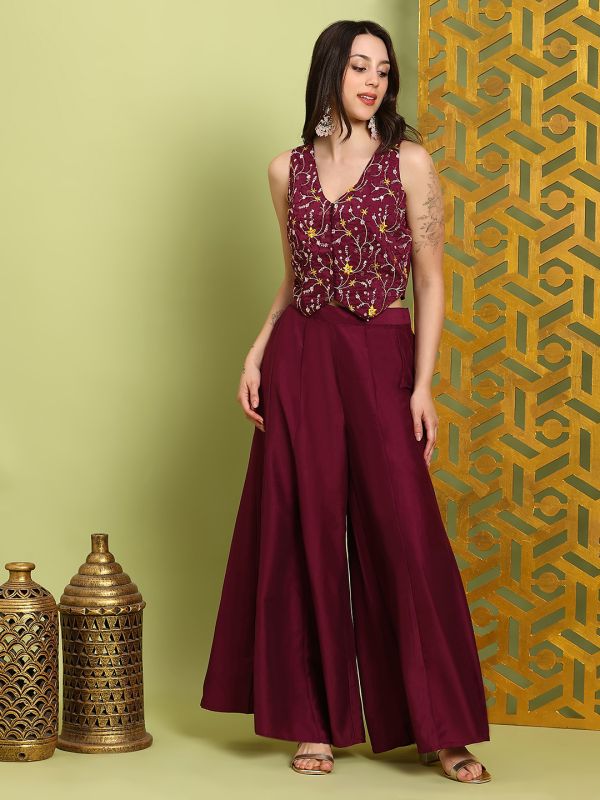 Globus Women Wine V-Neck Floral Embroidered Waistcoat With Flared Palazzos Festive Co-Ord Set