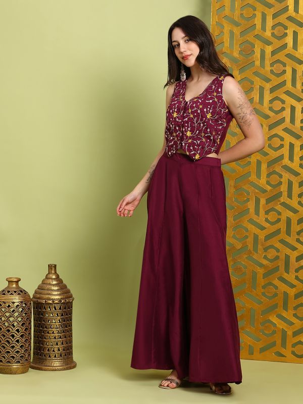 Globus Women Wine V-Neck Floral Embroidered Waistcoat With Flared Palazzos Festive Co-Ord Set