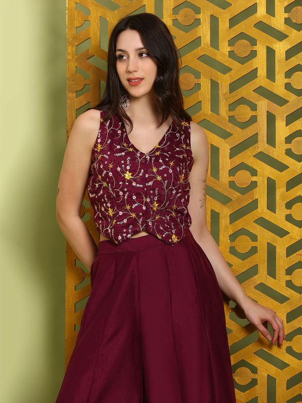 Globus Women Wine V-Neck Floral Embroidered Waistcoat With Flared Palazzos Festive Co-Ord Set
