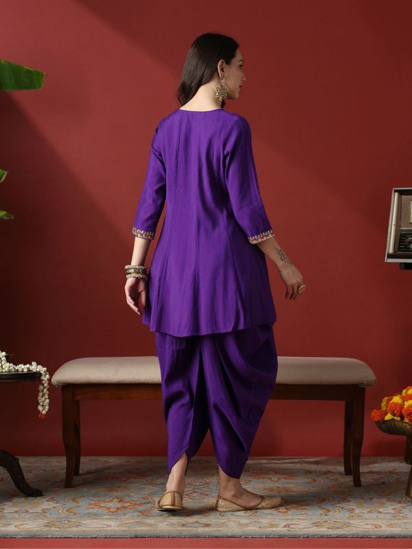 Globus Women Purple Sequinned & Embroidered Yoke A-Line Tunic With Dhoti Pants Festive Co-Ord Set