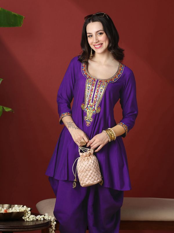 Globus Women Purple Sequinned & Embroidered Yoke A-Line Tunic With Dhoti Pants Festive Co-Ord Set
