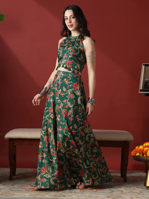 Globus Women Green Halter Neck Floral Print Tassel Coin Detail Crop Top With Flared Maxi Skirt Festive Co-Ord Set