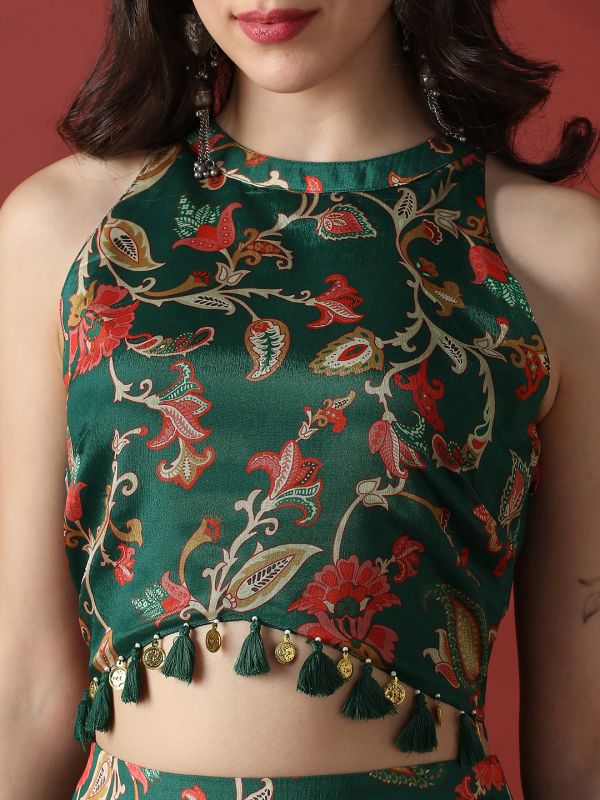 Globus Women Green Halter Neck Floral Print Tassel Coin Detail Crop Top With Flared Maxi Skirt Festive Co-Ord Set