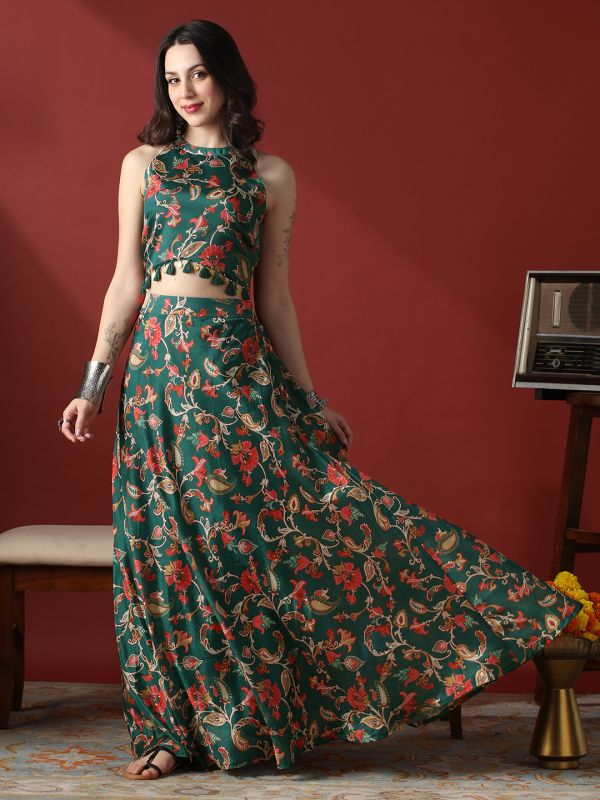 Globus Women Green Halter Neck Floral Print Tassel Coin Detail Crop Top With Flared Maxi Skirt Festive Co-Ord Set