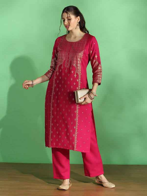 Globus Women Pink Round Neck Floral Ethnic Foil Print Straight Festive Kurta & Pant Set