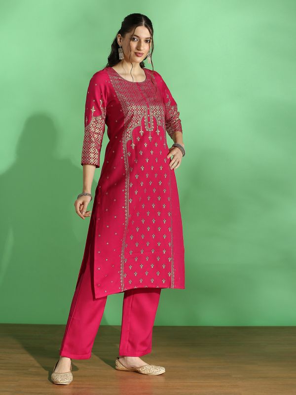 Globus Women Pink Round Neck Floral Ethnic Foil Print Straight Festive Kurta & Pant Set