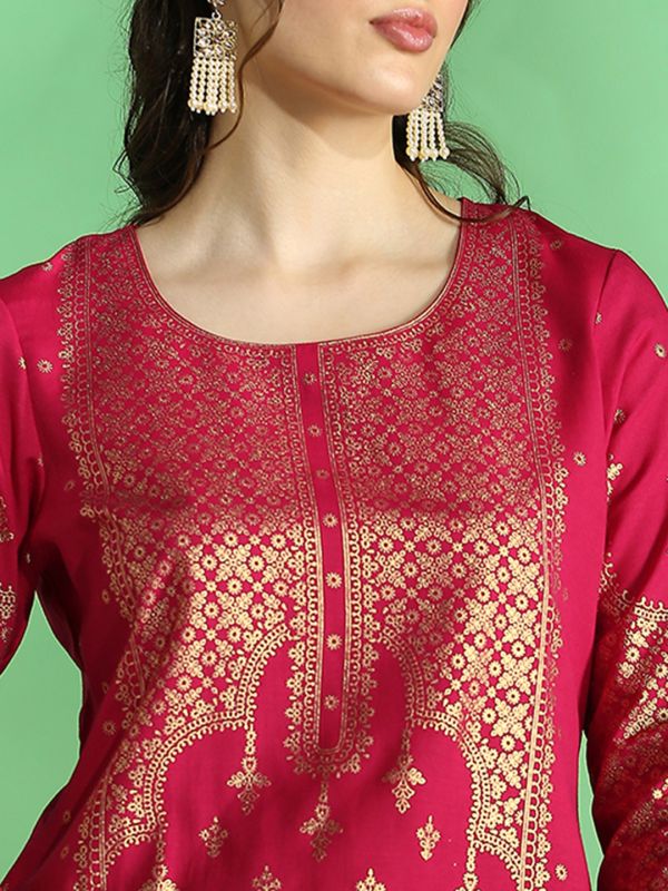 Globus Women Pink Round Neck Floral Ethnic Foil Print Straight Festive Kurta & Pant Set