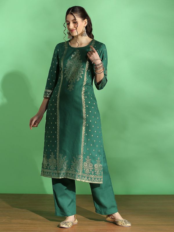 Globus Women Green Round Neck Ethnic Foil Print Straight Festive Kurta & Pant Set