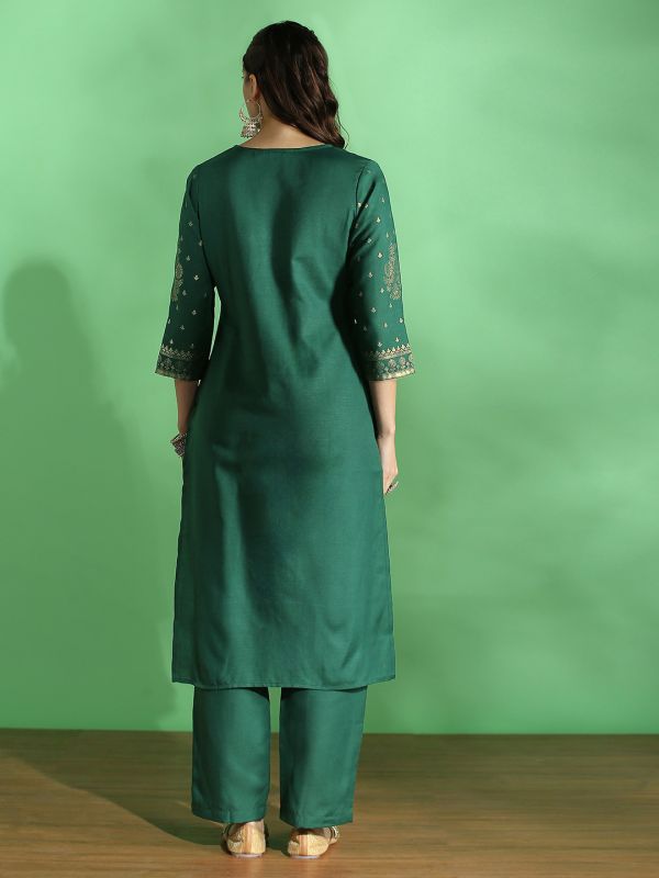 Globus Women Green Round Neck Ethnic Foil Print Straight Festive Kurta & Pant Set