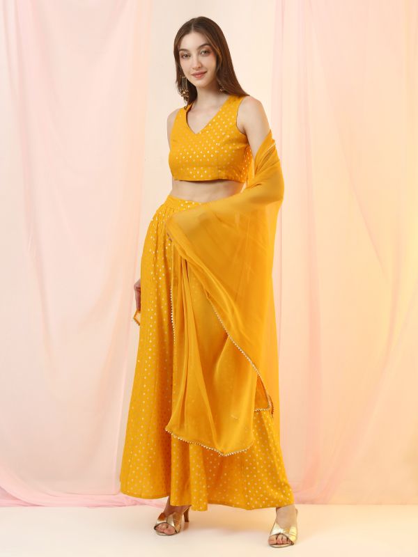 Globus Women Mustard V-Neck Bandhani Print Crop Top with Flared Hem Skirt & Dupatta Festive Co-Ord Set