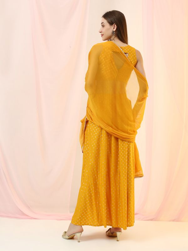 Globus Women Mustard V-Neck Bandhani Print Crop Top with Flared Hem Skirt & Dupatta Festive Co-Ord Set