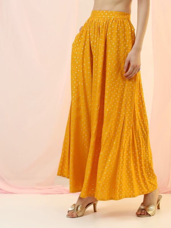 Globus Women Mustard V-Neck Bandhani Print Crop Top with Flared Hem Skirt & Dupatta Festive Co-Ord Set