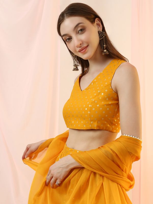 Globus Women Mustard V-Neck Bandhani Print Crop Top with Flared Hem Skirt & Dupatta Festive Co-Ord Set