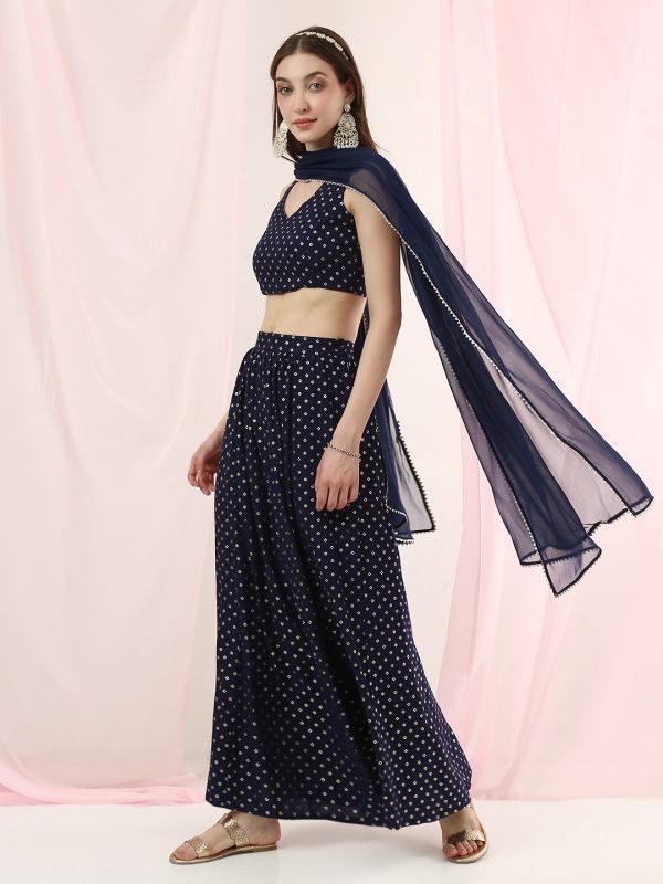 Globus Women Teal V-Neck Bandhani Print Crop Top with Flared Hem Skirt & Dupatta Festive Co-Ord Set