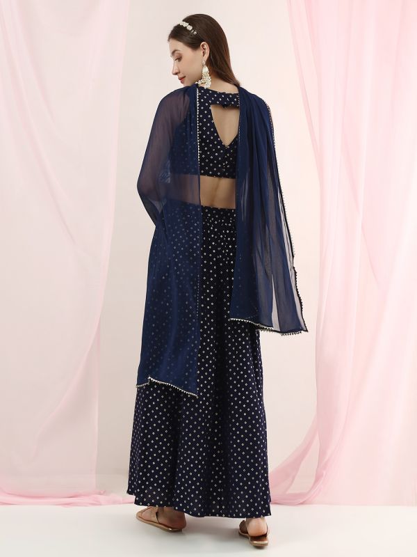 Globus Women Teal V-Neck Bandhani Print Crop Top with Flared Hem Skirt & Dupatta Festive Co-Ord Set
