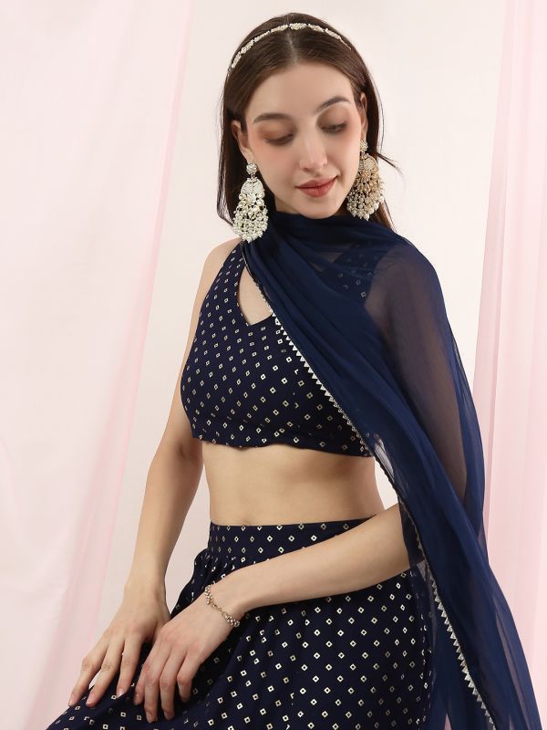 Globus Women Teal V-Neck Bandhani Print Crop Top with Flared Hem Skirt & Dupatta Festive Co-Ord Set