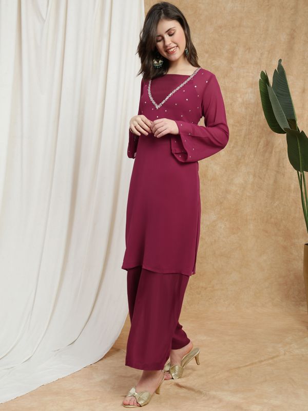 Globus Women Maroon V-Neck Bell Sleeves Sequin Embellished Detail Kurta with Crop Top & Wide Leg Trouser Festive Set